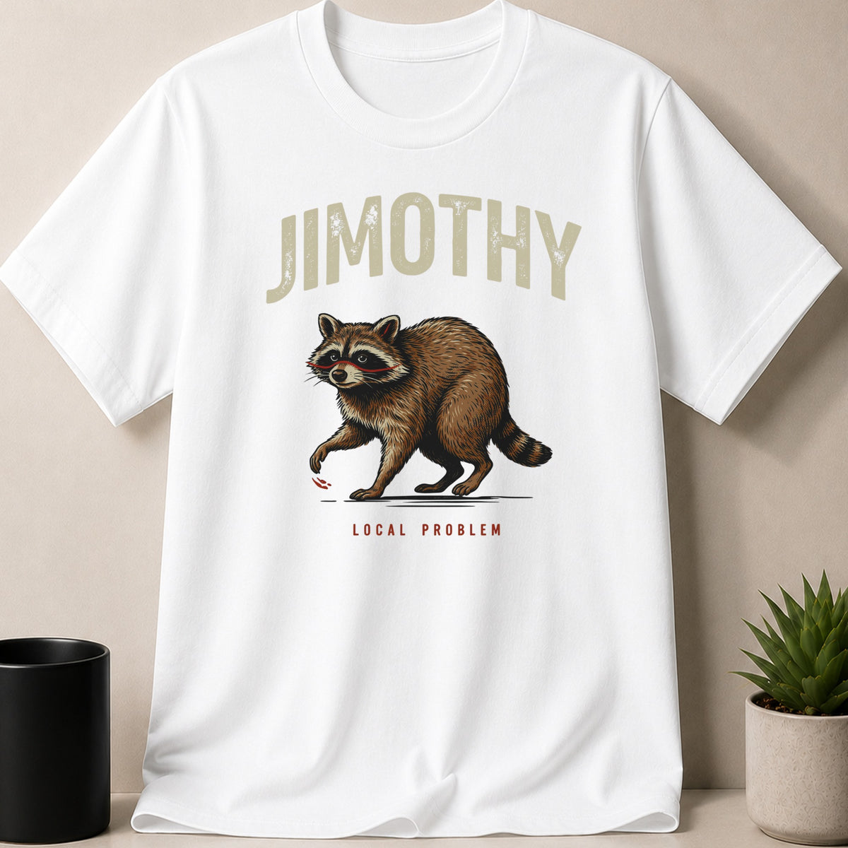 White t-shirt with raccoon graphic, text "JIMOTHY LOCAL PROBLEM".