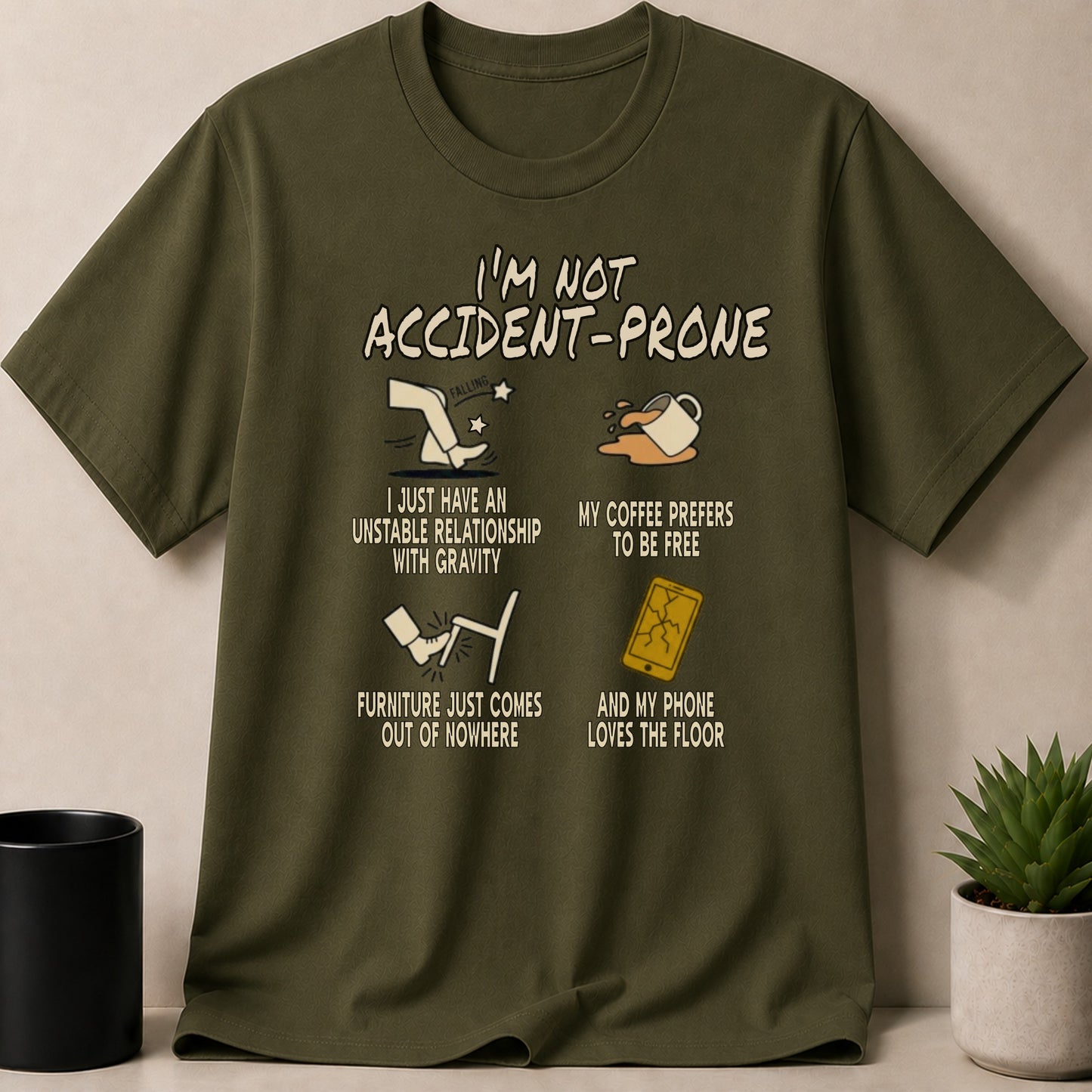 Olive green t-shirt with text and illustrations about being accident-prone.