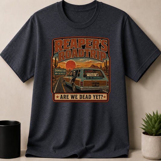 Dark Heather t-shirt — Reaper's Roadtrip graphic with a skeleton driving a station wagon in a desert setting.