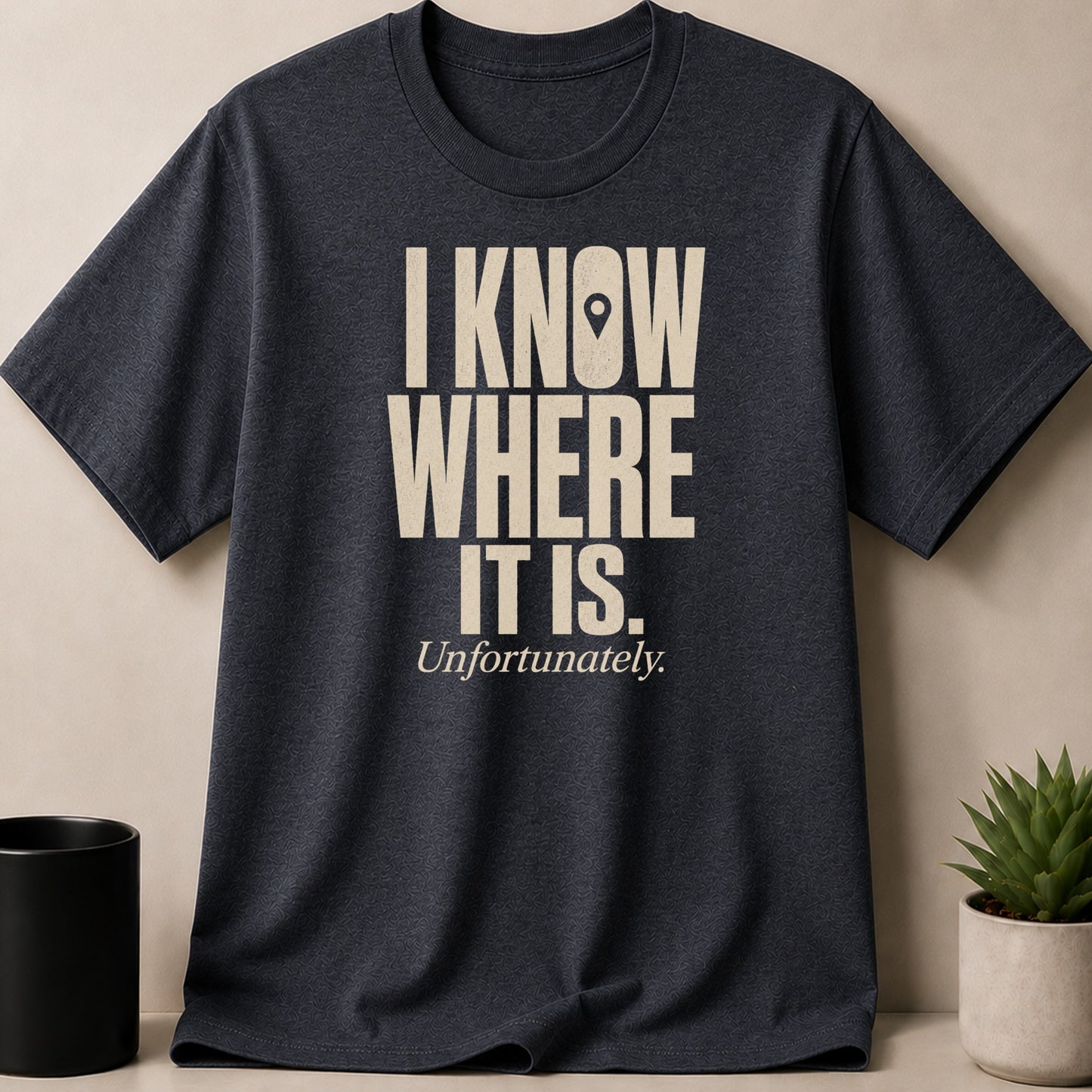 Dark grey t-shirt with beige text that says "I KNOW WHERE IT IS. Unfortunately."