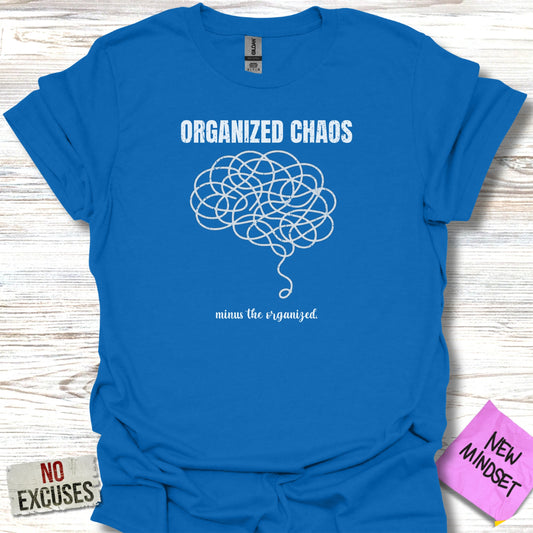 Blue t-shirt with "ORGANIZED CHAOS" and a tangled brain graphic.