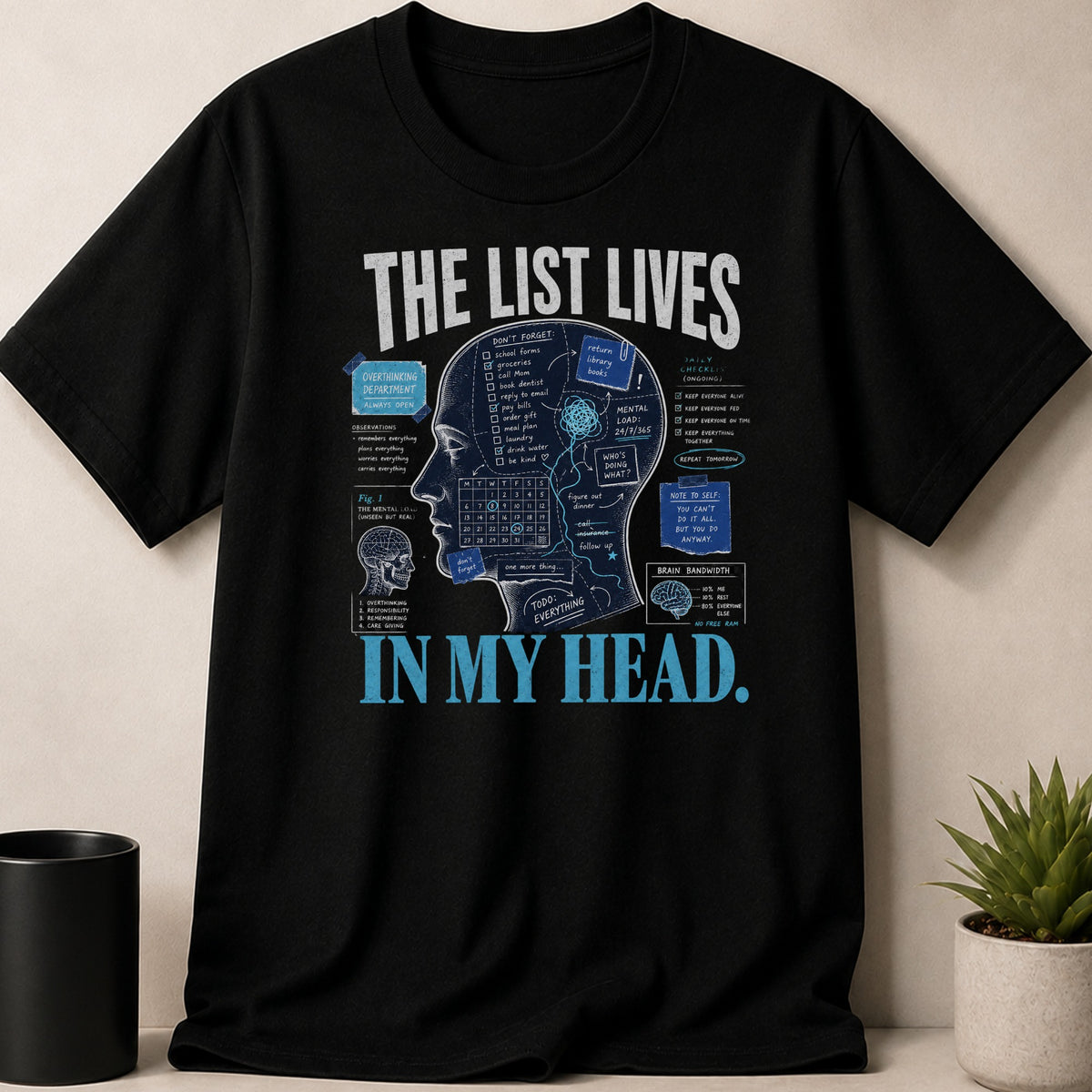 Black t-shirt with graphic "The List Lives In My Head" and head diagram.