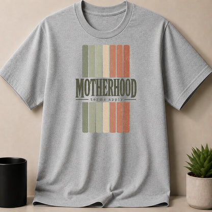 Gray t-shirt with "MOTHERHOOD terms apply" text and striped graphic.