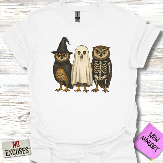 Halloween Themed Owls on White T-Shirt product