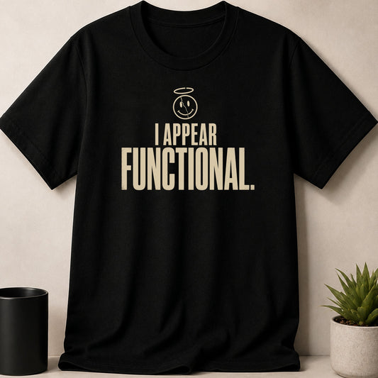 Black t-shirt with cracked smiley icon and text "I APPEAR FUNCTIONAL."