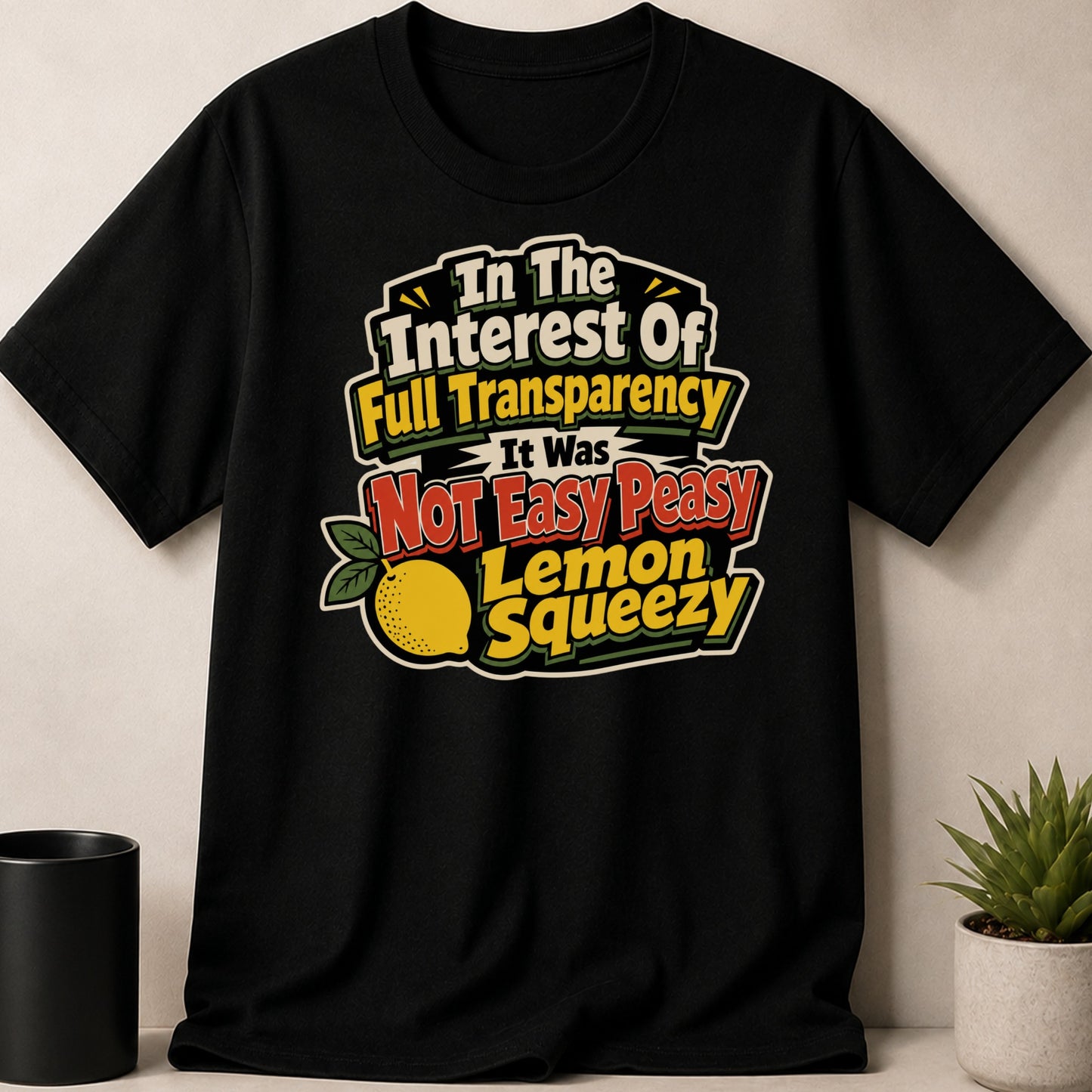 Black t-shirt with text "In The Interest Of Full Transparency It Was Not Easy Peasy Lemon Squeezy"